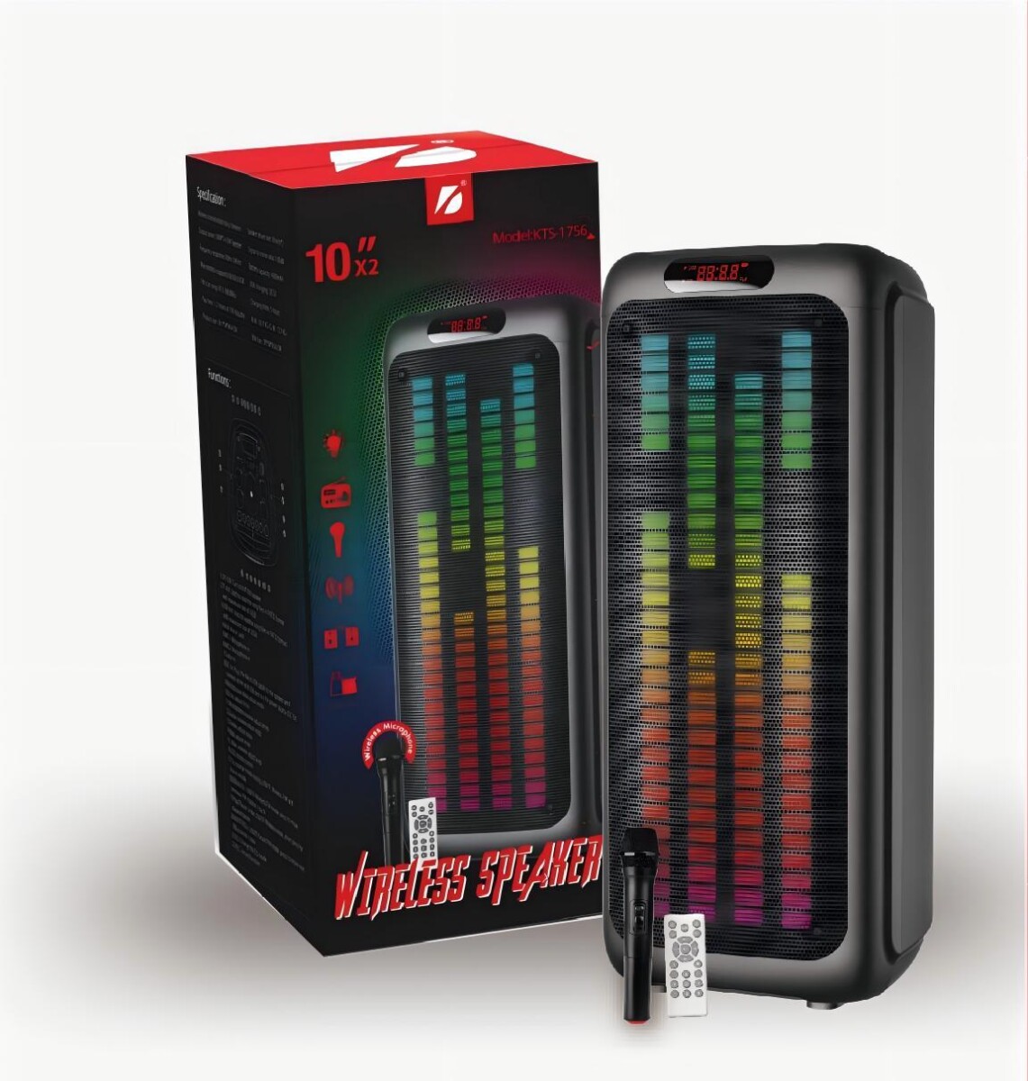 Parlante Torre bluetooth KTS1756 10"" luces LED con micrófono y control 