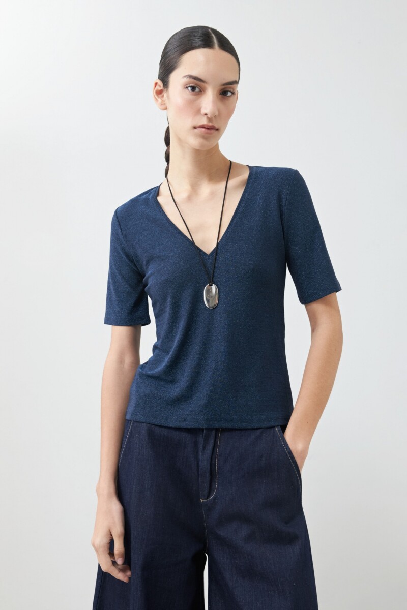 Remera lurex escote V azul marino