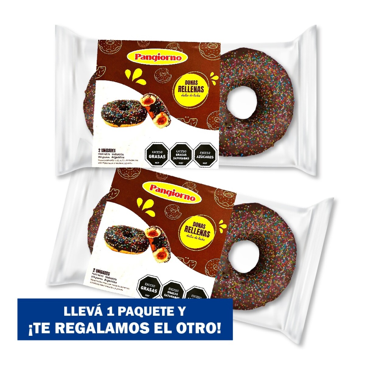 2 Donas Rellenas De D. Leche Bañadas En Choco + 2 De Regalo 80 Gs C/u 