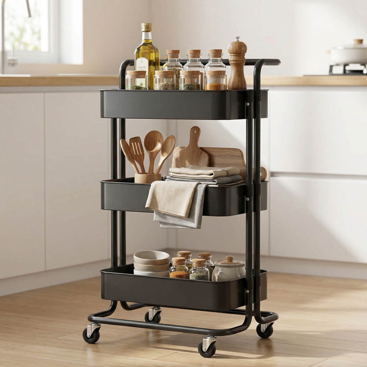 Carrito Organizador Cocina 3 Estantes Carro Con Ruedas Almacenamiento Imback Color Negro 