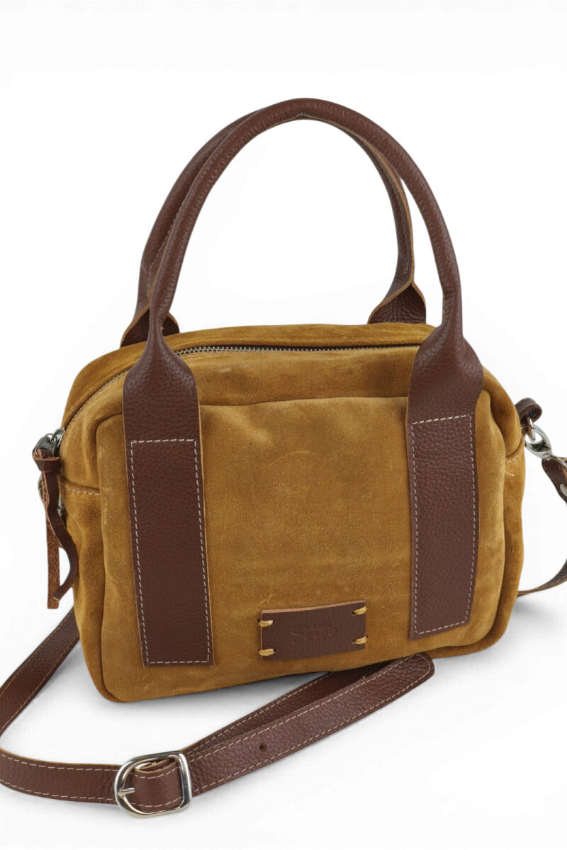 Cartera de Mano y Bandolera en Gamuza y Cuero Tostado