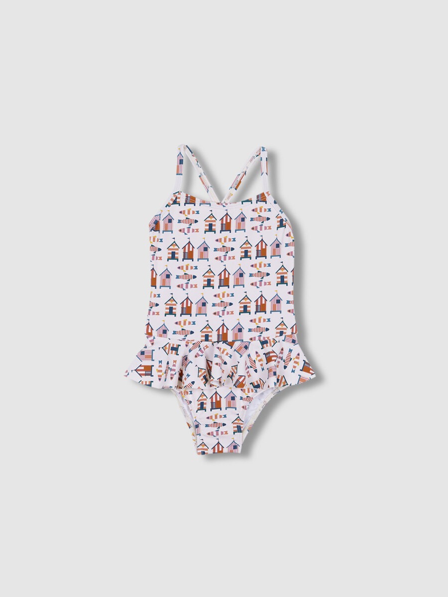 Traje De Baño Estampado Casitas Blanco Roto