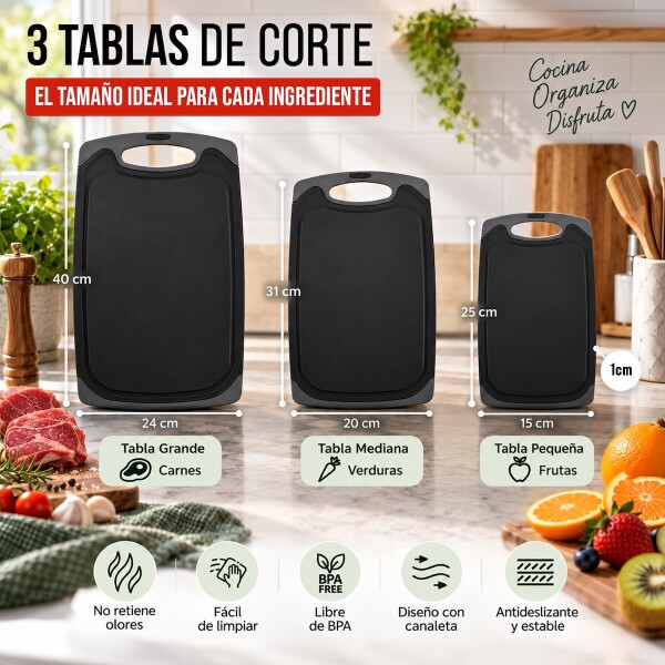Tabla Para Picar Y Cortar Set de 3 Unidades para Cocina Antidelizante IMBACK Color Negro Tabla Para Picar Y Cortar Set de 3 Unidades para Cocina Antidelizante IMBACK Color Negro
