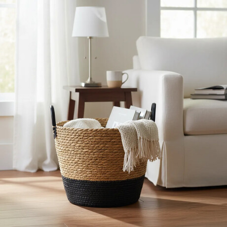 Cesto Canasto de Fibra Natural c/Asa Paramount Deco Ø28x22Cm Negro