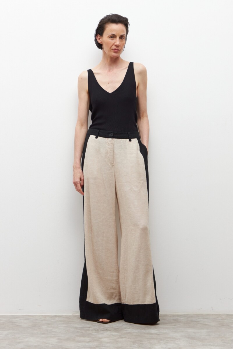 Pantalón ancho de lino bicolor con tajos negro