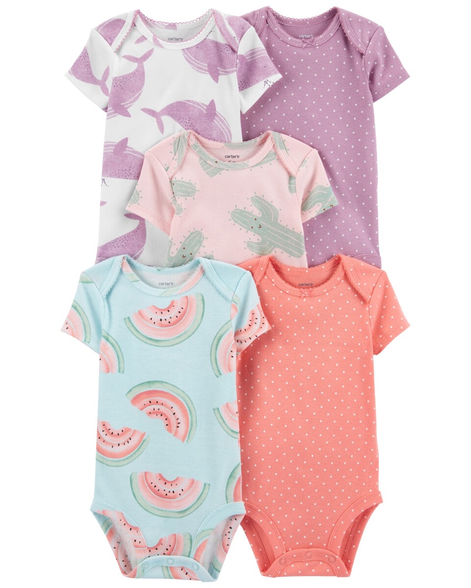 Pack cinco bodies de algodón, manga corta, estampados 