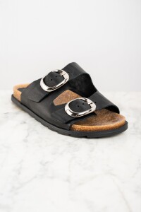 Sandalia Cuero Con Hebillas Negro