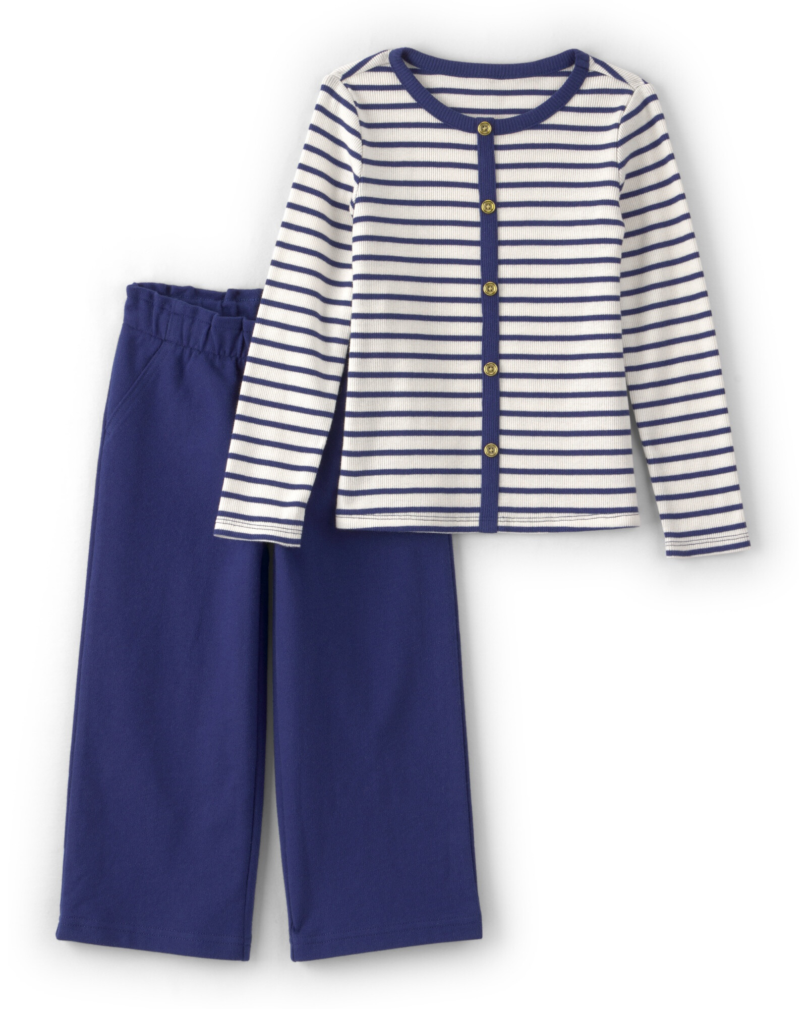 Set dos piezas de algodón, pantalón azul y buzo a rayas Set dos piezas de algodón, pantalón azul y buzo a rayas