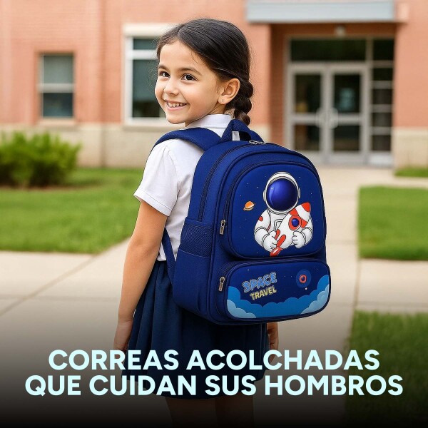 Mochila Escolar Infantil Celeste De Astronauta 3D Niño Azul