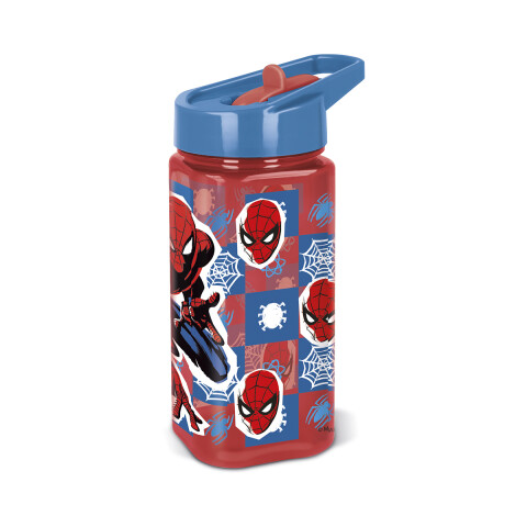 Botella Cuadrada Plástica con Pajita Spiderman 510 ML AZUL/ROJO