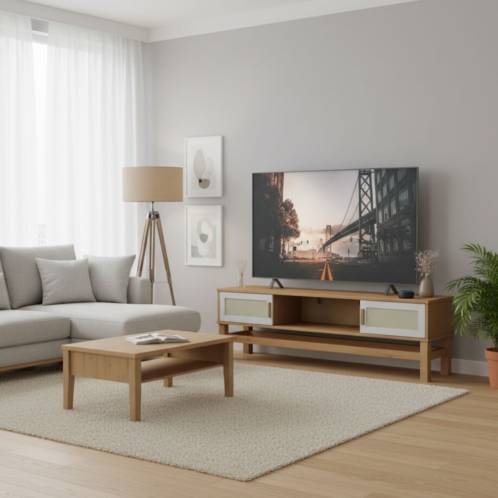 RACK APARADOR PARA TV 2 PUERTAS CON ESPACIO EN MADERA MACIZA CON RATAN RACK APARADOR PARA TV 2 PUERTAS CON ESPACIO EN MADERA MACIZA CON RATAN