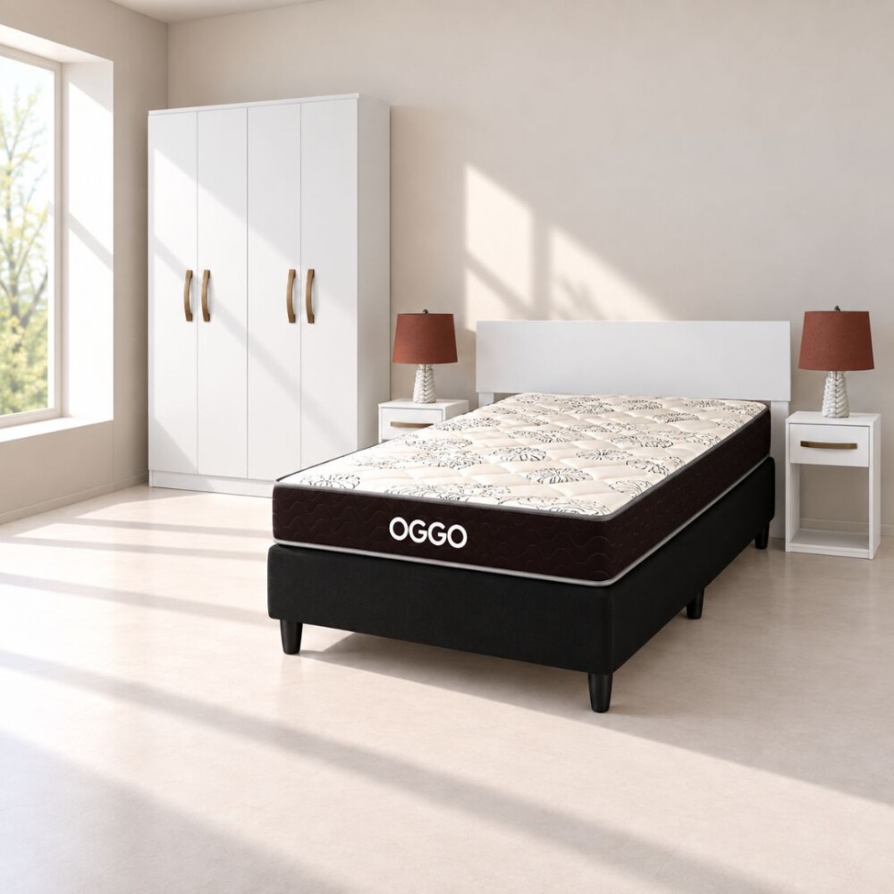 COMBO DORMITORIO - 1 PLAZA Y MEDIA CON SOMMIER DORADO 100% ESPUMA BLANCO