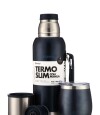 Kit Termo 750Ml. Slim Con Manija + Mate De Acero Con Tapa Azul Metalizado