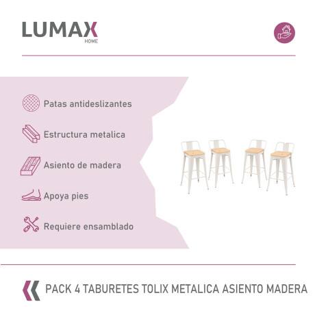 Pack 4 Taburetes Tolix con Respaldo y Asiento de Madera Lumax Blanco