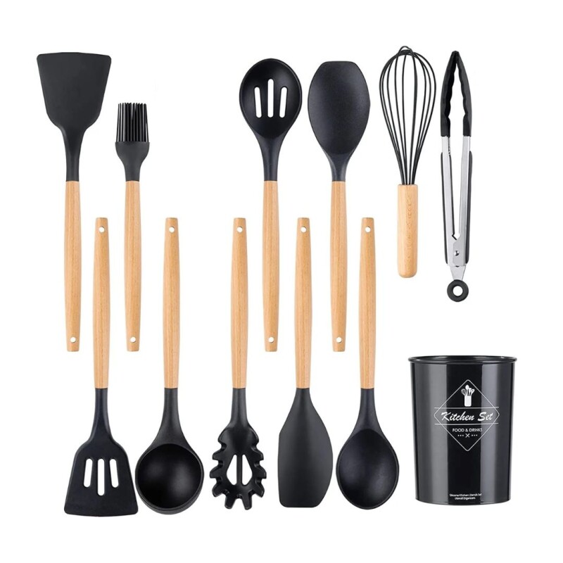 Utensilios Cocina Menage Juego Set X12 Madera Y Silicona Color Negro