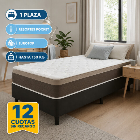 Sommier con Resortes Pocket Espuma Alta Densidad y Eurotop Soporte 130 Kg 1 Plaza 88 cm de Ancho