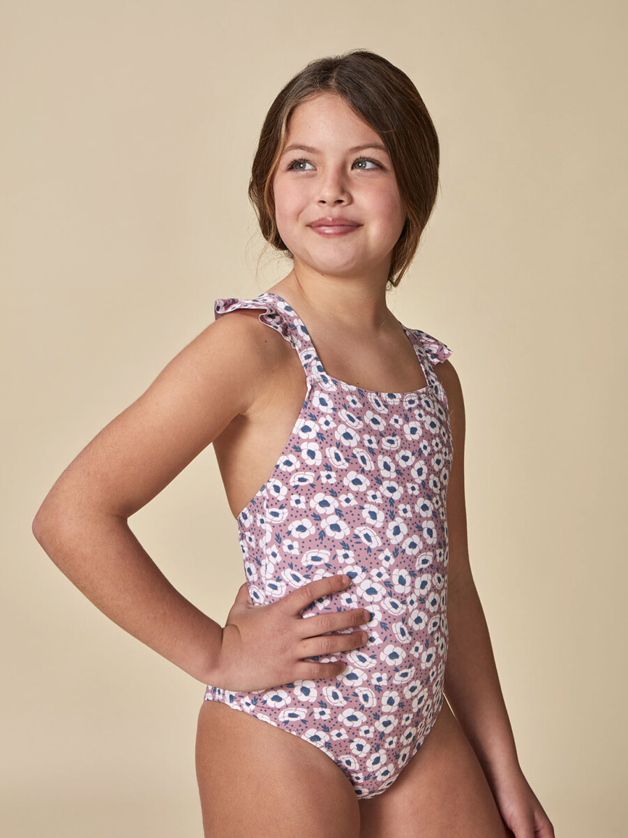 Traje De Baño Estampado Flor Grande Rosa Medio