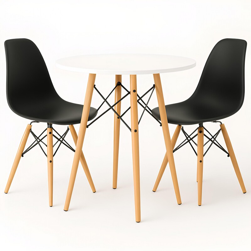 Juego de comedor Con Mesa Circular de 80cm + 2 Sillas Eames Negro