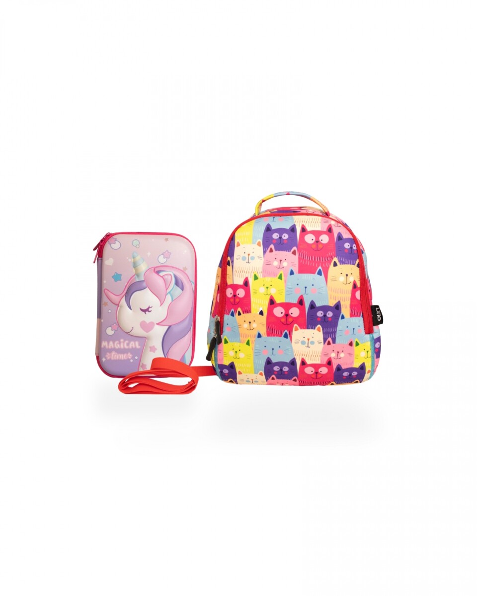 Set de mochila infantil de neopreno y cartuchera con divisiones brio - set-magicpony-gatitos 