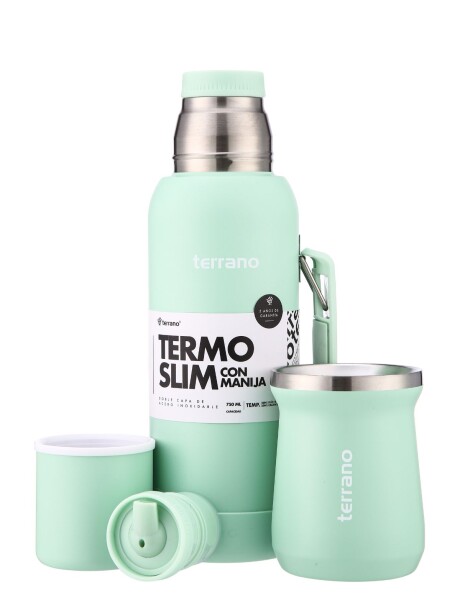 Kit Termo 750mL. Slim con Manija + Mate de Acero Tradicional Verde Agua