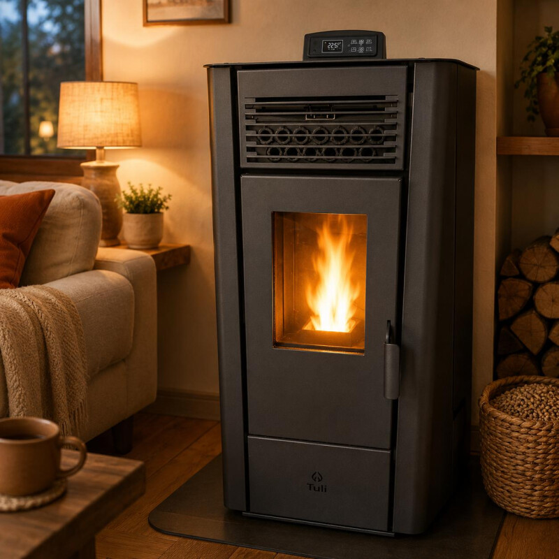Calefactor Selma a pellet WiFi - con Kit de techo 10kW Negro