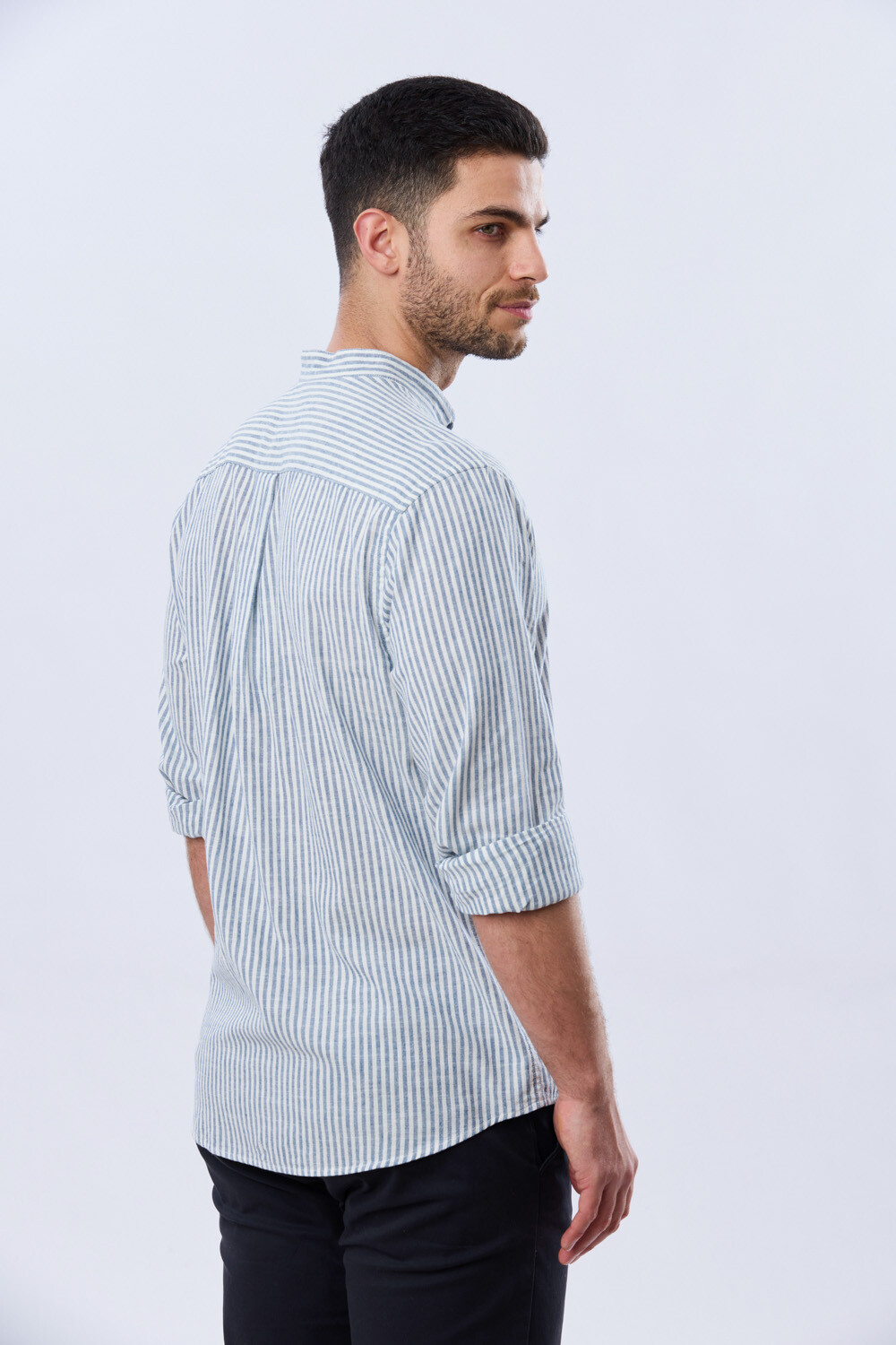 CAMISA RAYADA DE LINO CUELLO MAO Denim