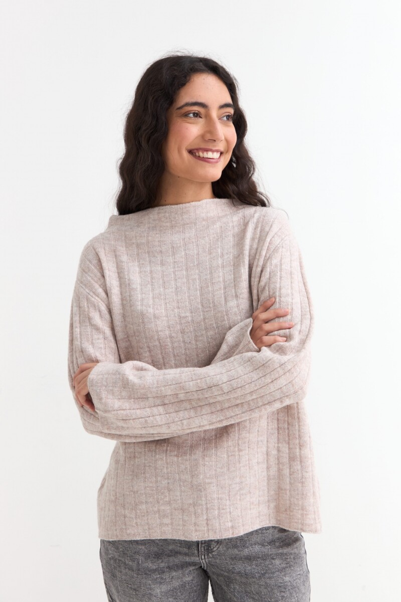 Sweater canalé con mangas oxford BEIGE