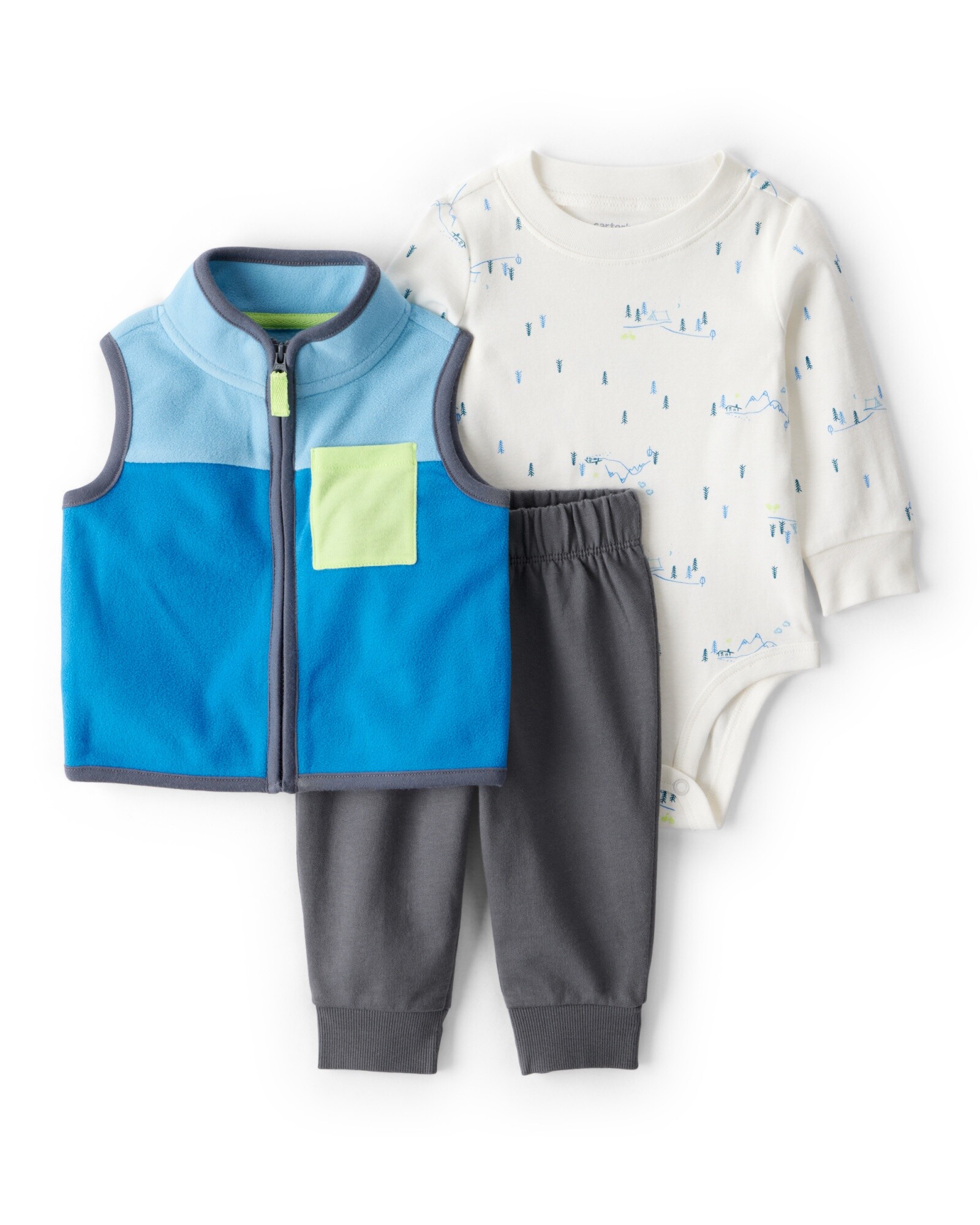 Set tres piezas, chaleco de micropolar, pantalón y body manga larga de algodón Sin color