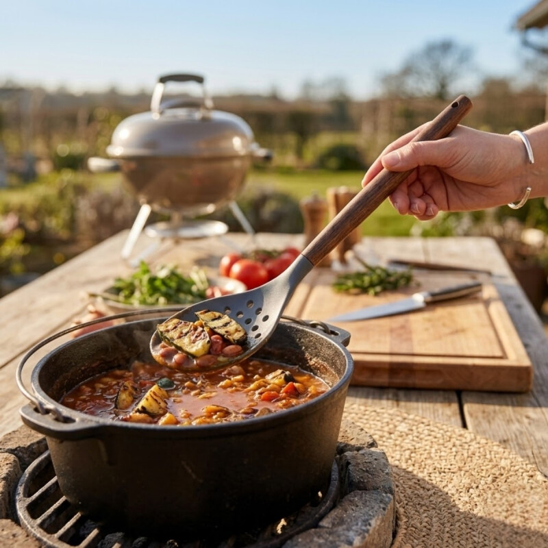Espumadera Silicona 31cm mango Acacia GRIS