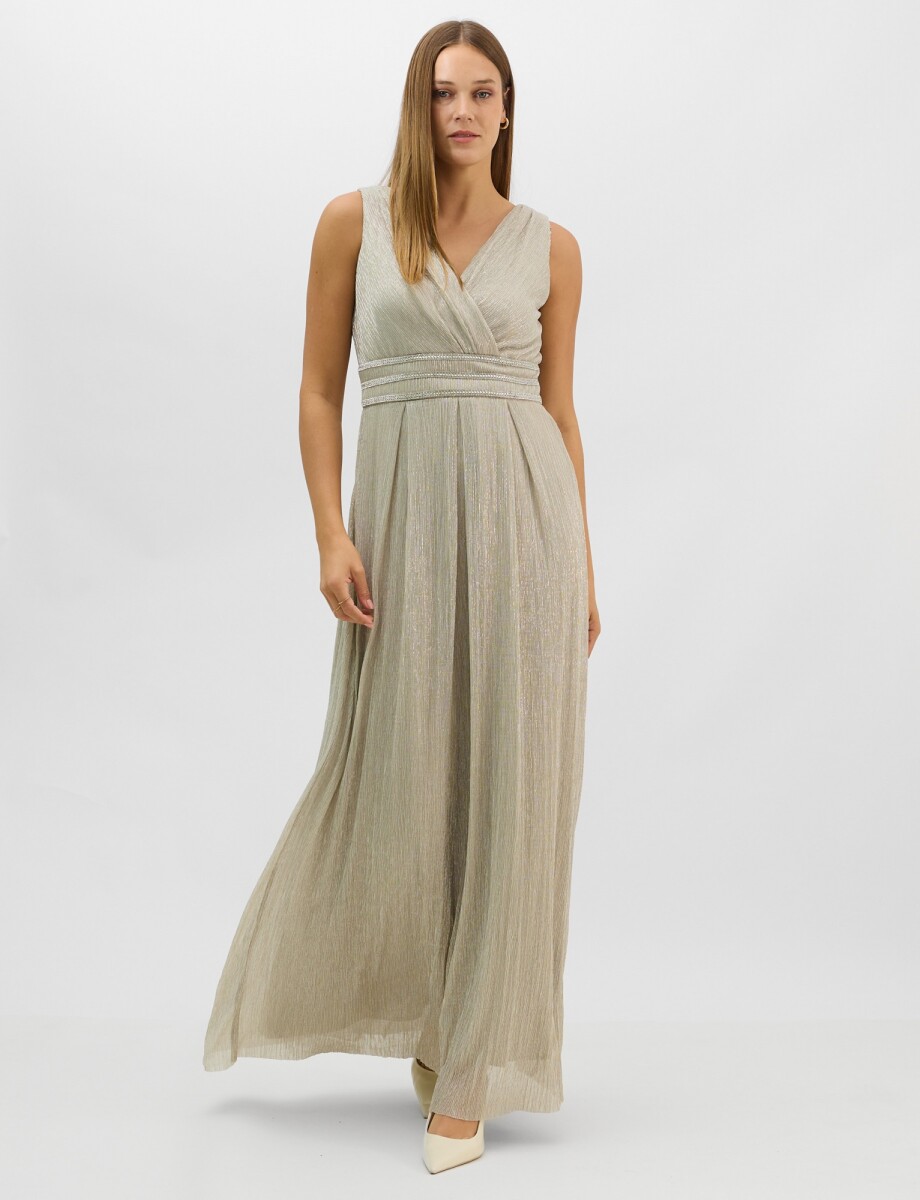Vestido Gasa Con Lurex Y Cintura De Strass - Beige 