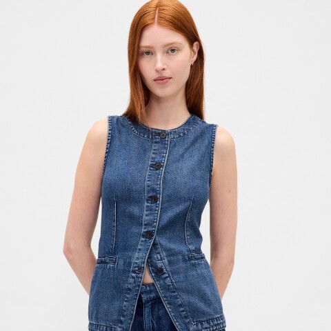 SL HIGH NECK TAILORED VEST - DK MERWIN DARK WASH