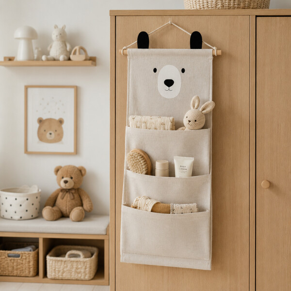 Organizador Colgante Osito Con 3 Bolsillos Para Bebé 60x20cm Blanco
