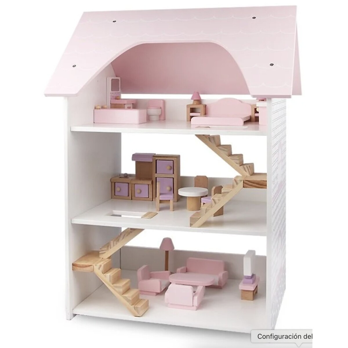Casita de muñecas de madera con techo rosa - 3 pisos 
