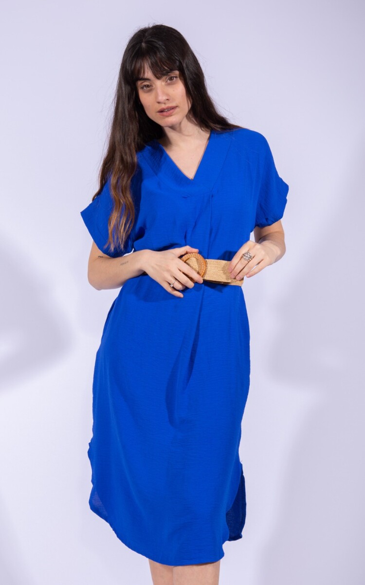 Vestido Escote v con cinto - Azul 