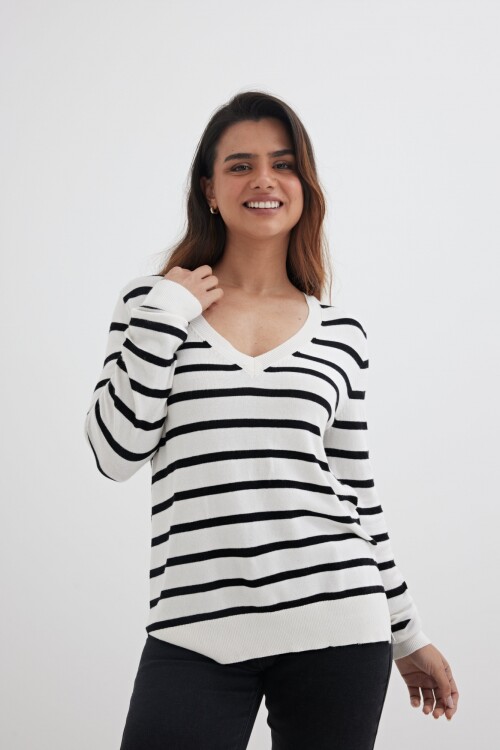 Sweater escote V rayas BLANCO