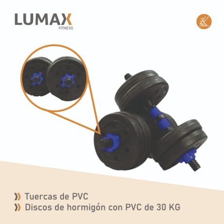 Set 2 Mancuernas Lumax + Barra 2 en 1 + 30kg Discos Pesas Azul
