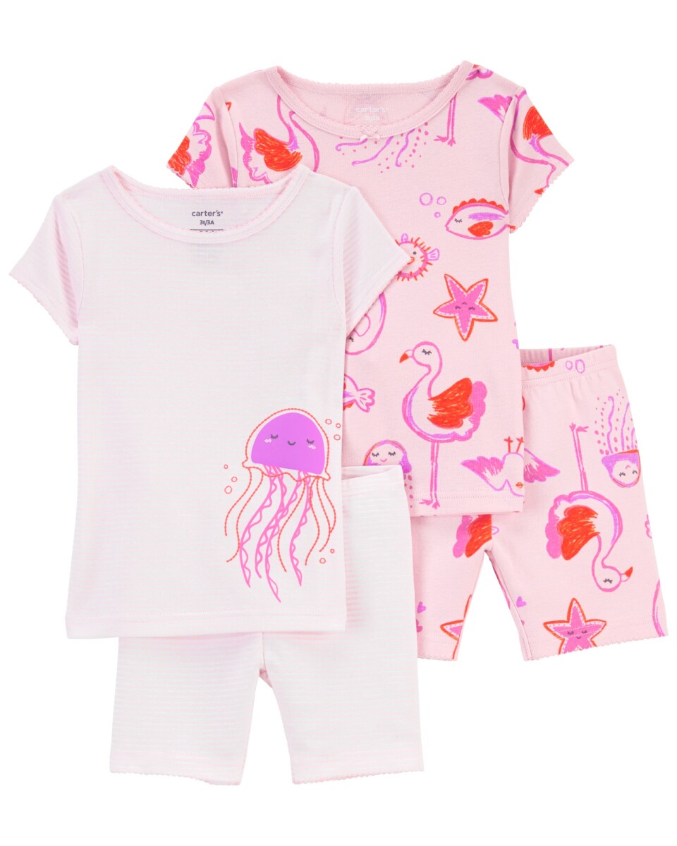 Pijama cuatro piezas de algodón dos remeras y dos shorts 
