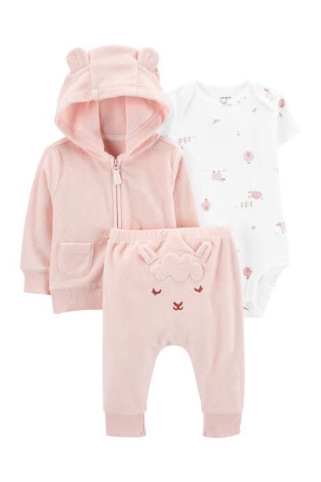 Set tres piezas campera y pantalón de terry más body, diseño oveja Set tres piezas campera y pantalón de terry más body, diseño oveja