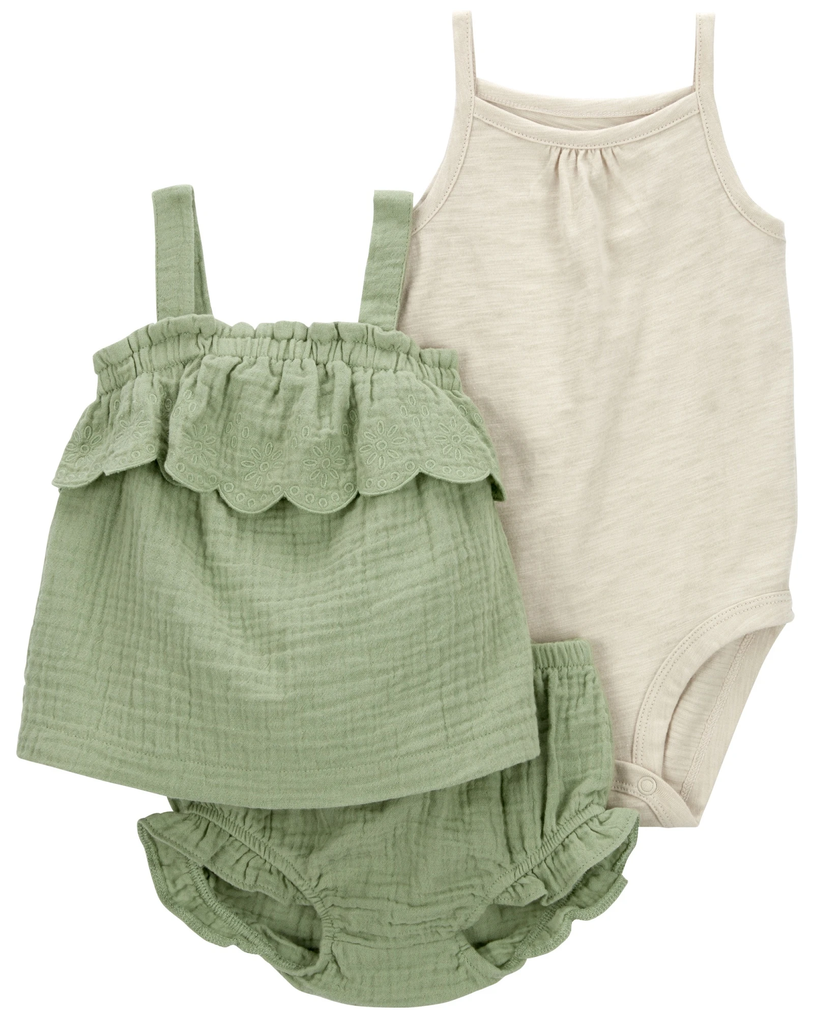 Set tres piezas de algodón, short, musculosa y body Set tres piezas de algodón, short, musculosa y body