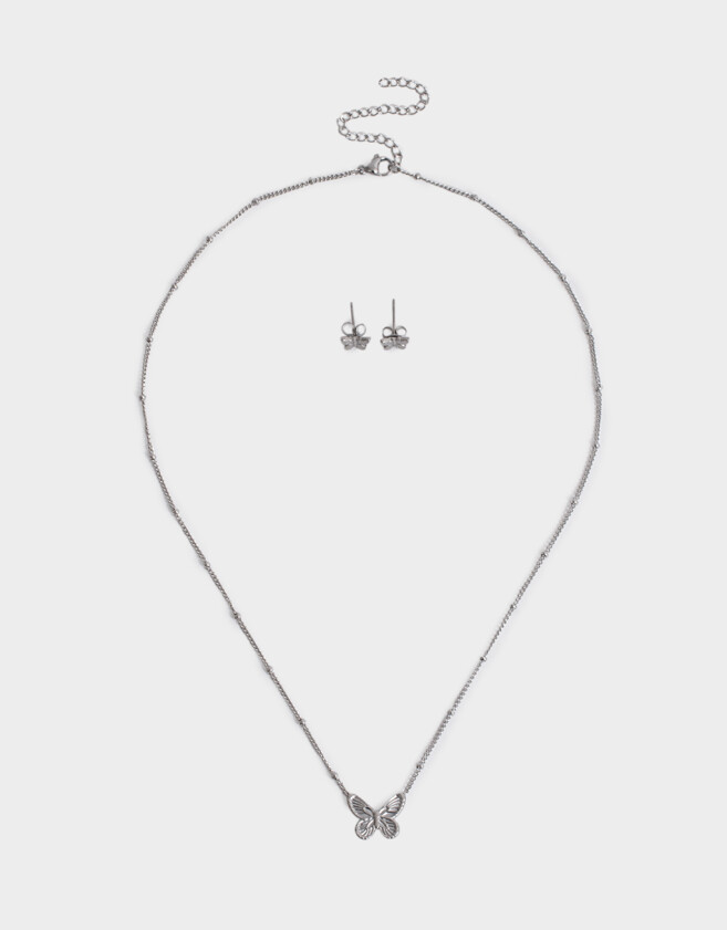 Bijouterie Set Acero quirúrgico Set De Aros Y Cadena Mariposa - Plateado
