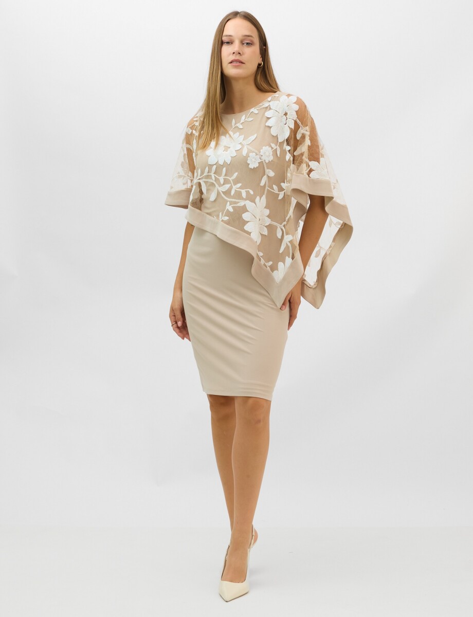 Vestido Midi Con Capa De Tul Bordado - Beige 