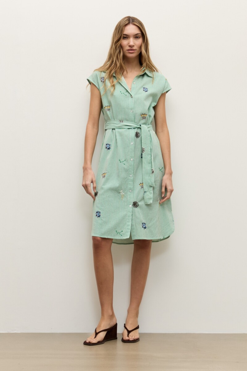 Vestido rayado con bordado verde