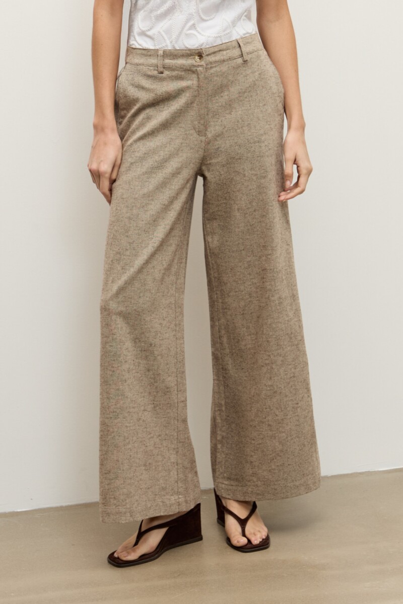 Pantalon wide leg lino con tajos chocolate melange