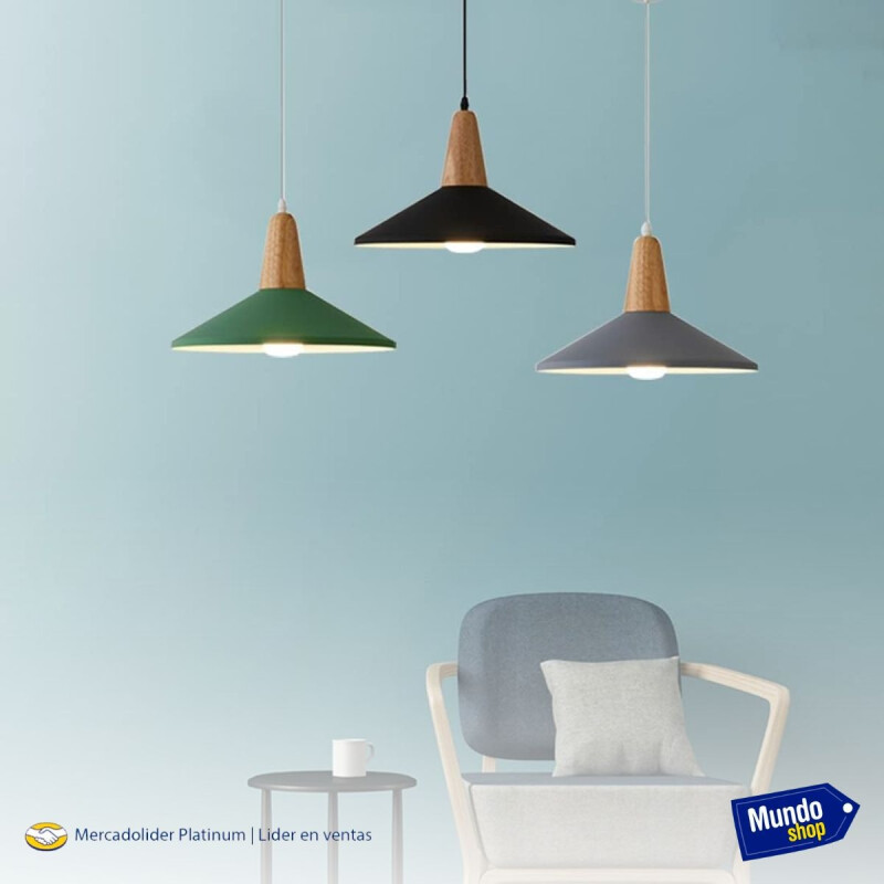 Lampara Colgante Metal Nordica Plato Deco Simil Madera Led Negro