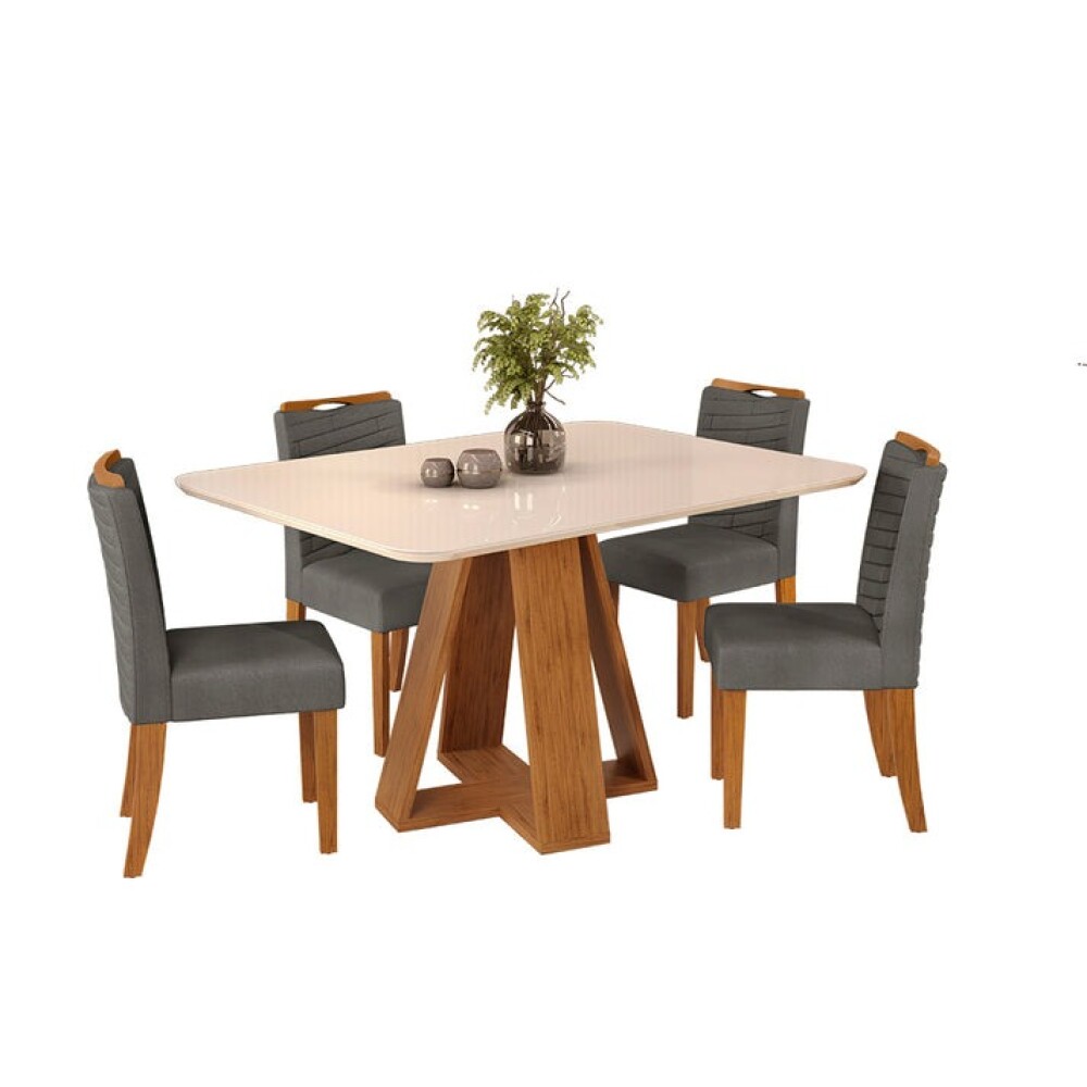 Juego De Comedor - 4 Sillas + Mesa Tapa De Vidrio - Celeste Beige / Gris