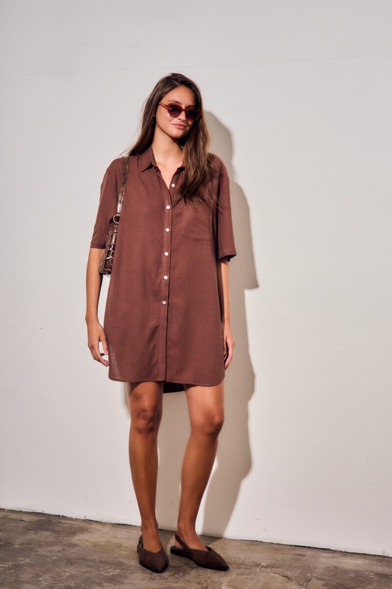Vestido Camisero Con Lino Marron