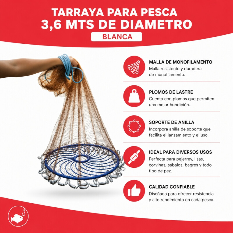 Tarraya para pesca 3,6 mts de diametro Blanca