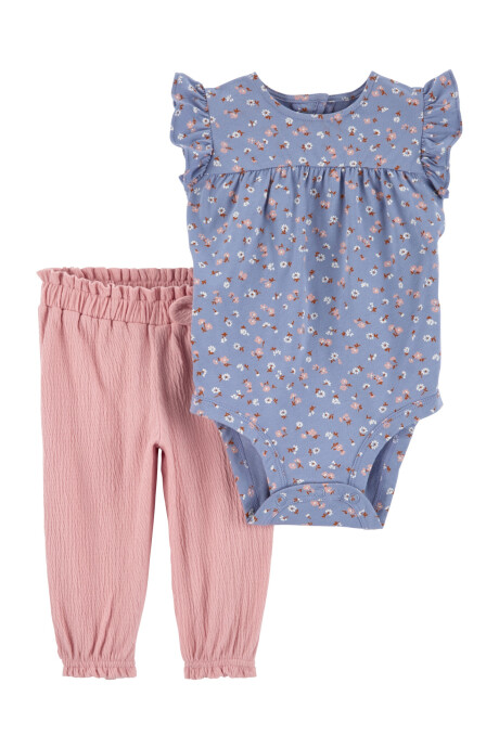 Set dos piezas de algodón, pantalón con puños elásticos y body, diseño floral Sin color