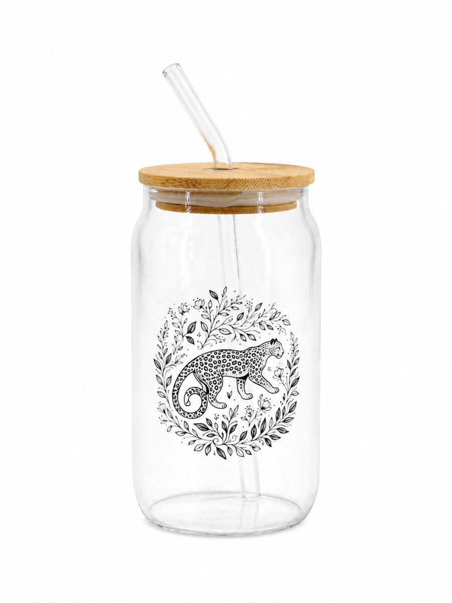 VASO VIDRIO CON SORBITO Y LEOPARDO 470ML - NEGRO 