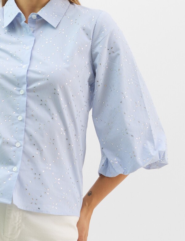 Camisa De Algodón A Rayas Con Detalles Metálicos CELESTE